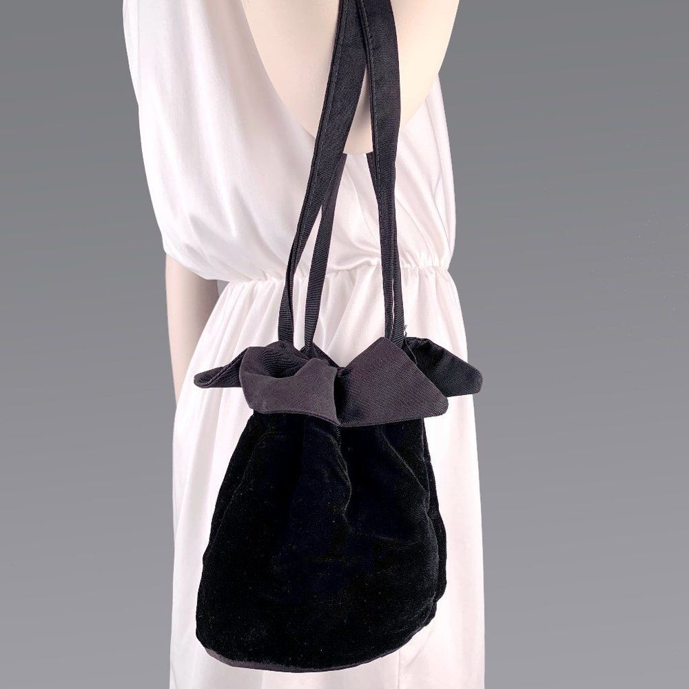 Vintage 20s 30s Velvet Drawstring Handbag Purse Black Grosgrain Satin Jester